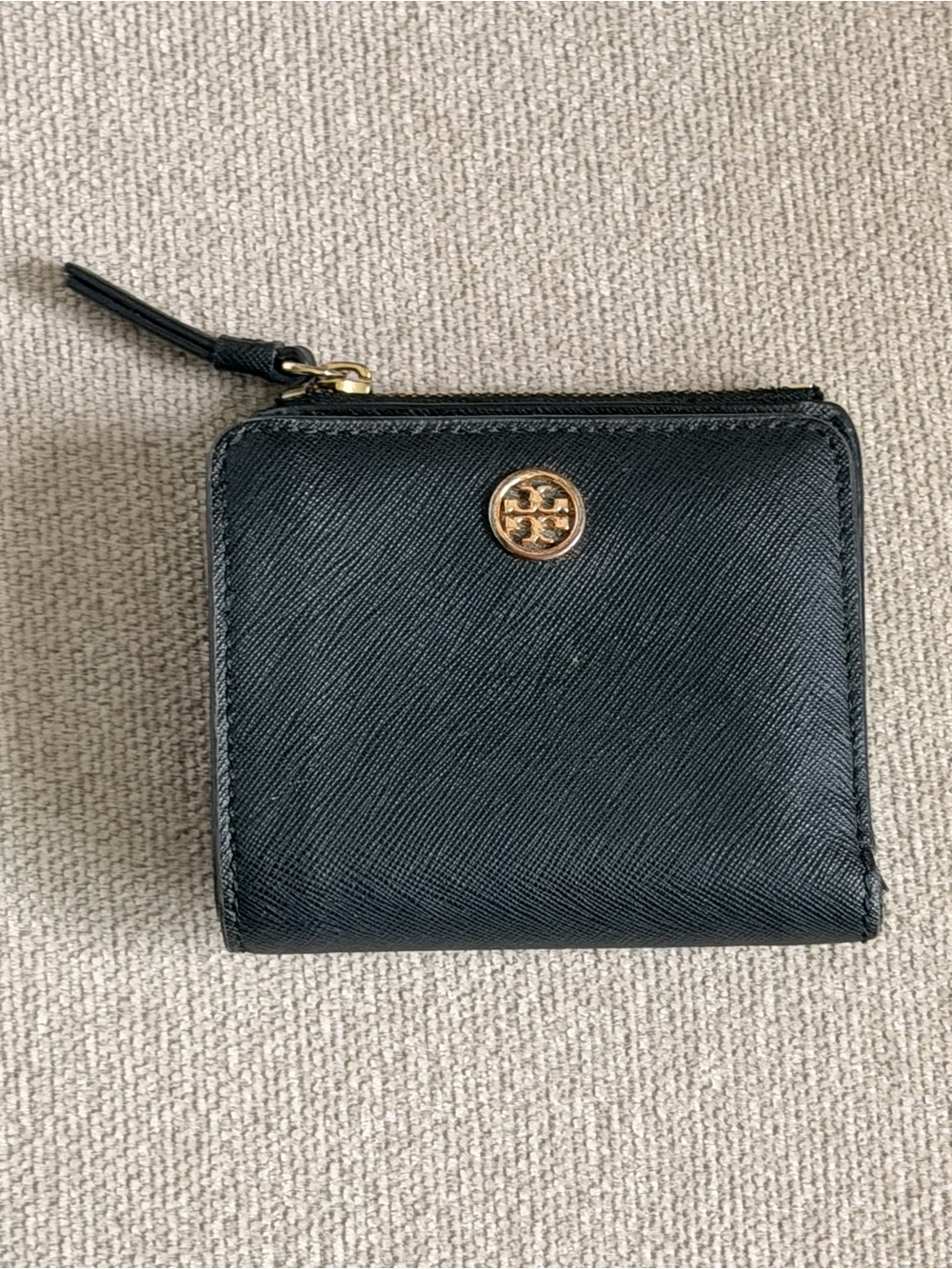Tory Burch Black Saffiano Leather Zip Wallet with Gold Logo